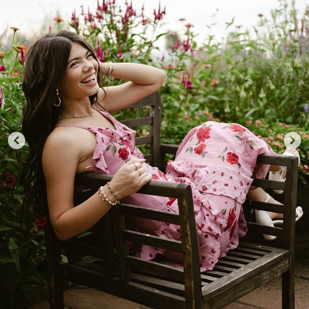 Jessica Simpson Tiered Rose Print Gown in Bare Pink - Picture 5 of 9